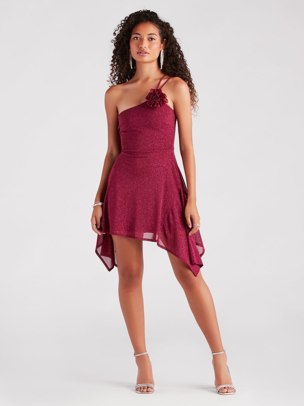 Windsor One-Shoulder Sparkle Dress in Burgundy with Floral Strap